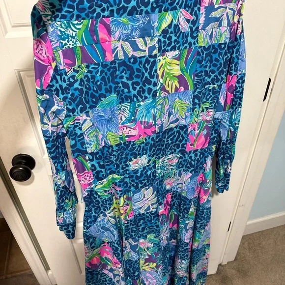 Lilly Pulitzer Vibrant Blue and Pink Long Sleeve Dress midi anniversary 16 rare - Picture 12 of 13